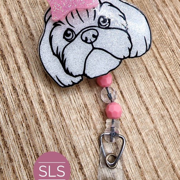 Cute White Shih Tzu Glitter Badge Reel with Pink Bow-Badge Reel With Beads - Picture 6 of 7